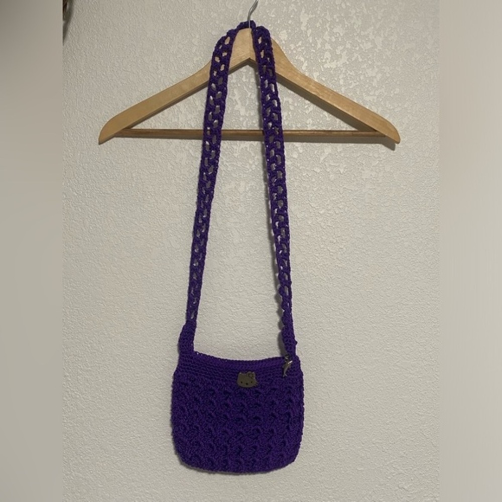 Handmade Heavy Purple Crochet Bag With Hello Kitty Pin